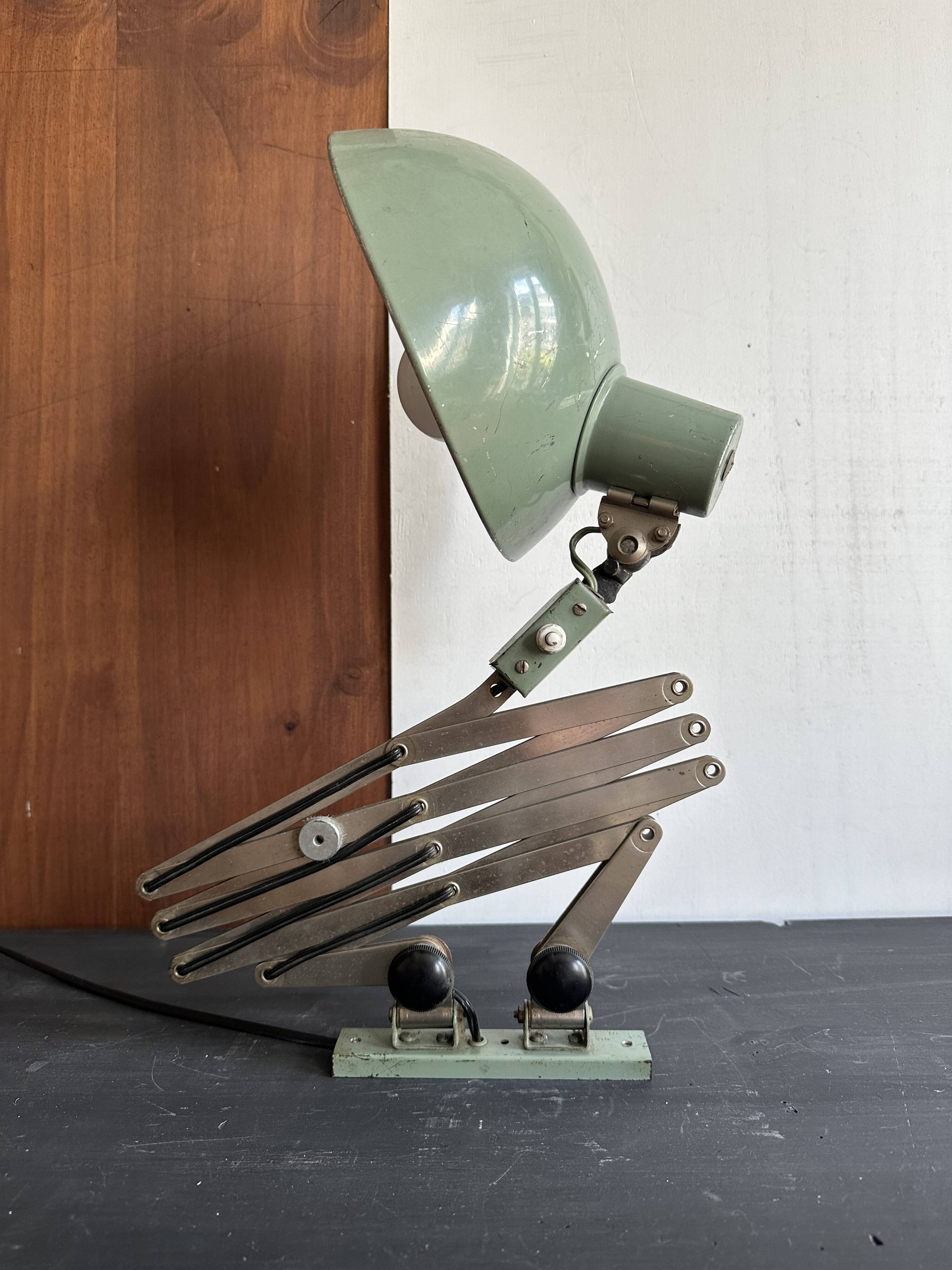Old extendable accordion lamp in celadon green, workshop spirit.