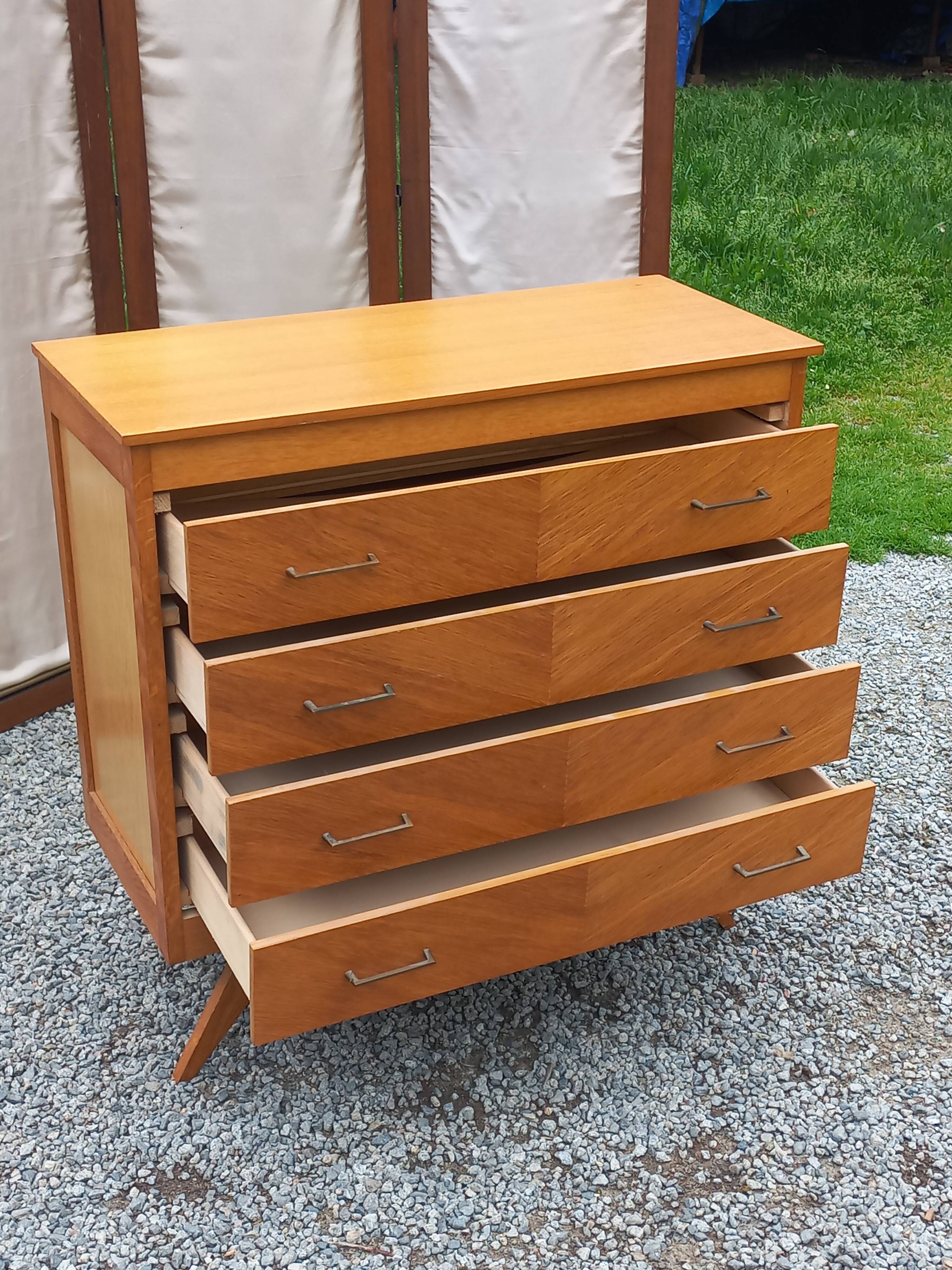 Vintage chest of drawers in blond and golden oak, compass legs and 4 drawers, 1950s