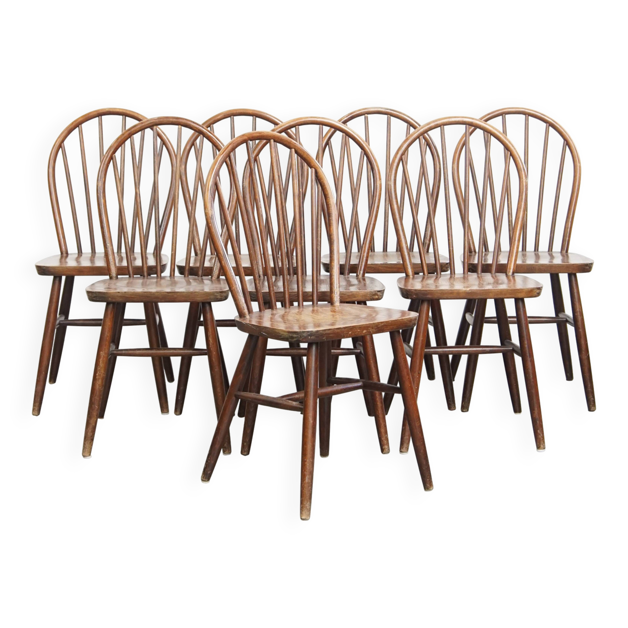 Ensemble de 8 chaises Windsor vintage en bois à dossier fuseau des années 1970