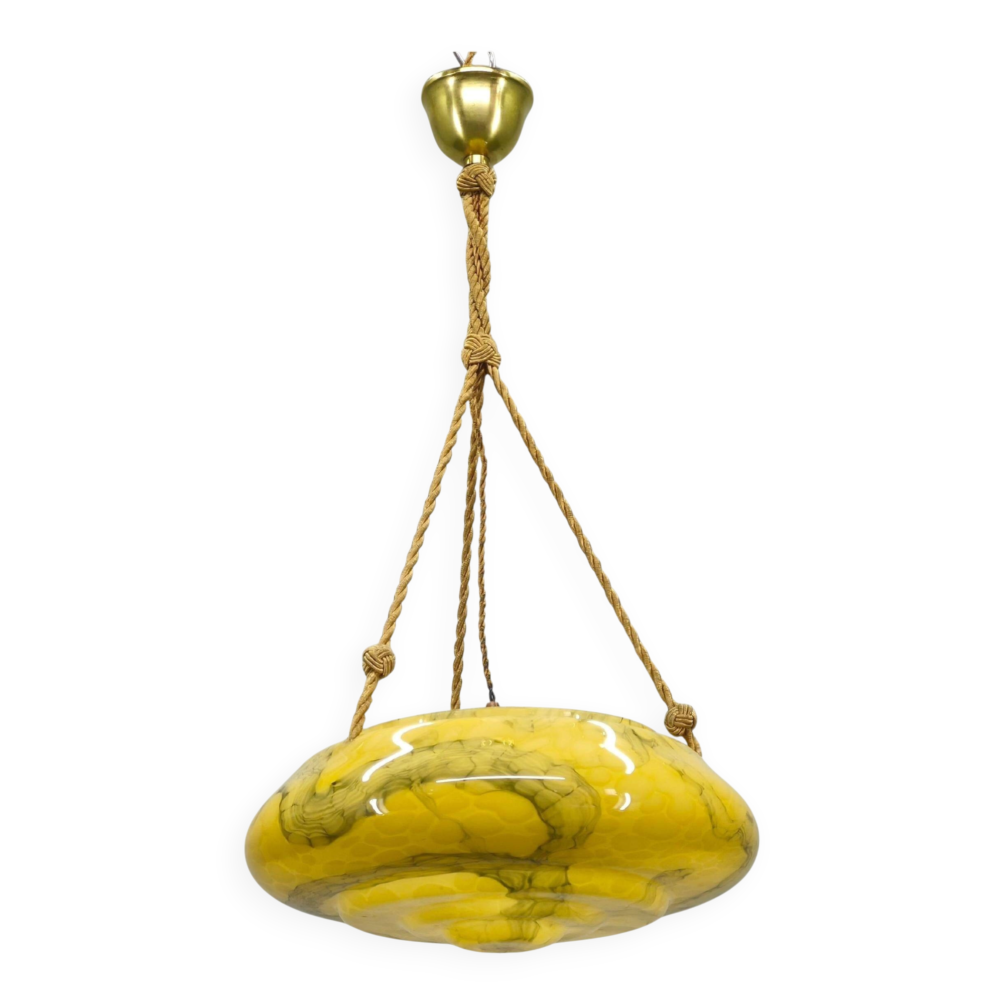 Art Deco Pendant Light, Marbled Glass and Brass, 1930s