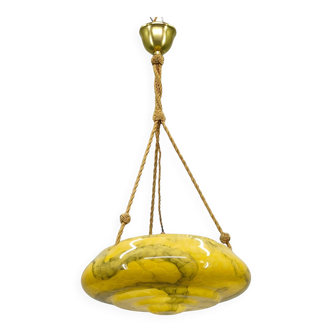 Art Deco Pendant Light, Marbled Glass and Brass, 1930s