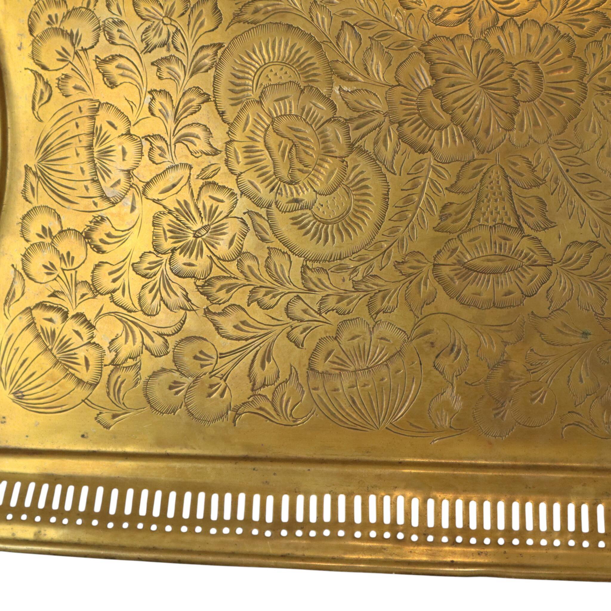Vintage Oriental Brass Tray with Floral Decoration, 50 cm