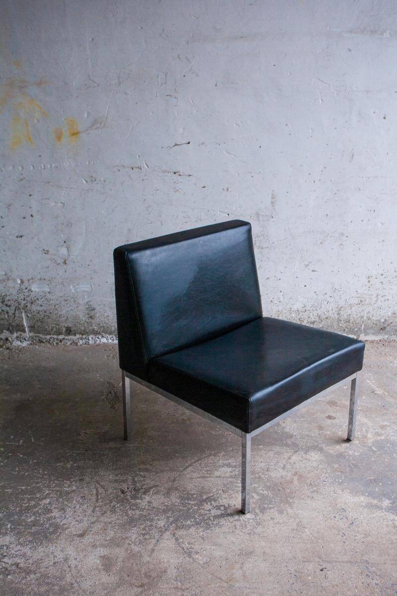 Set of 2 Black Leather Minimalist Lounge Chairs with Brushed Metal Frame