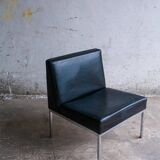 Set of 2 Black Leather Minimalist Lounge Chairs with Brushed Metal Frame