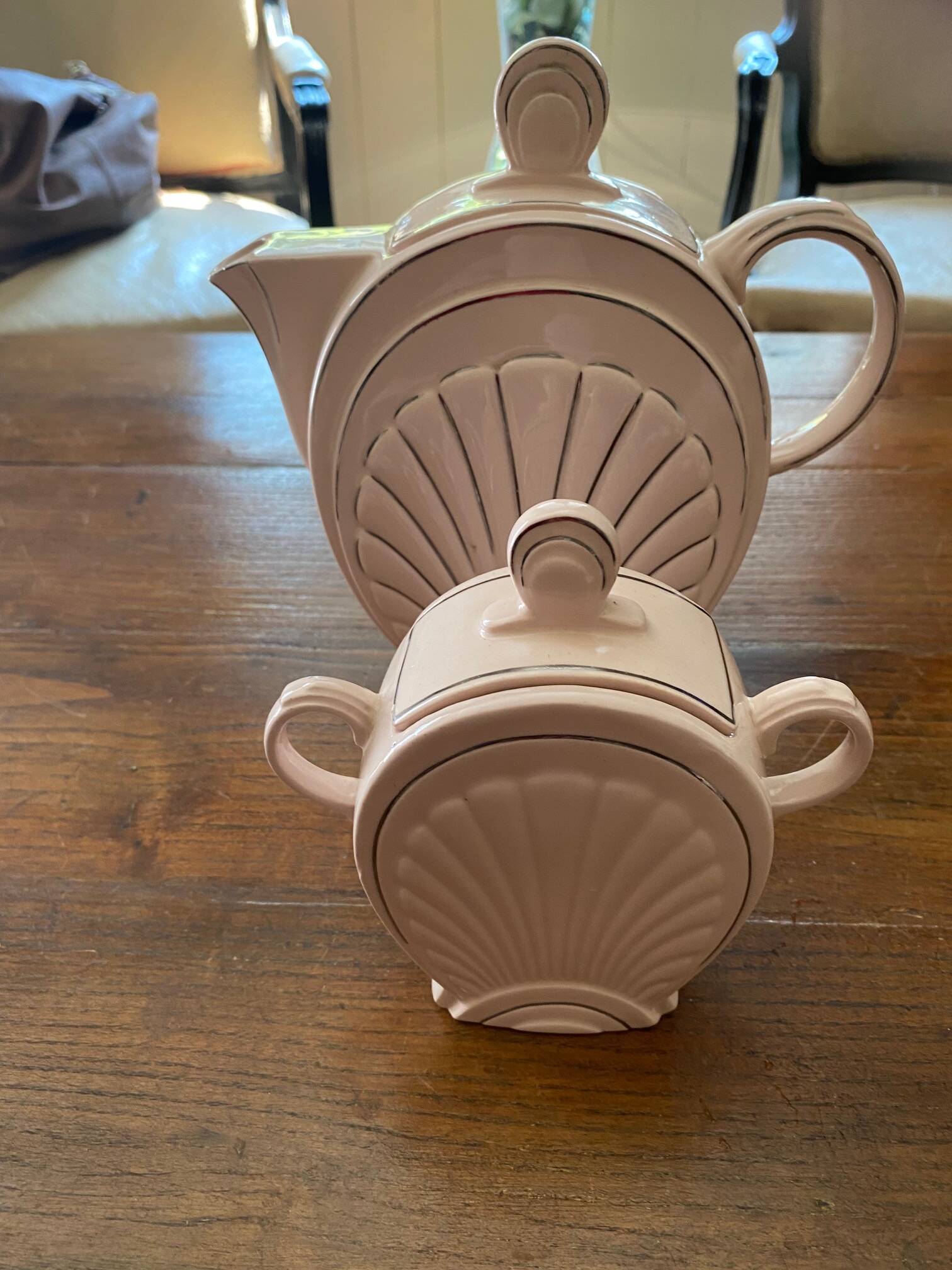 1930s art deco coffee service in pale pink earthenware with shell decoration
