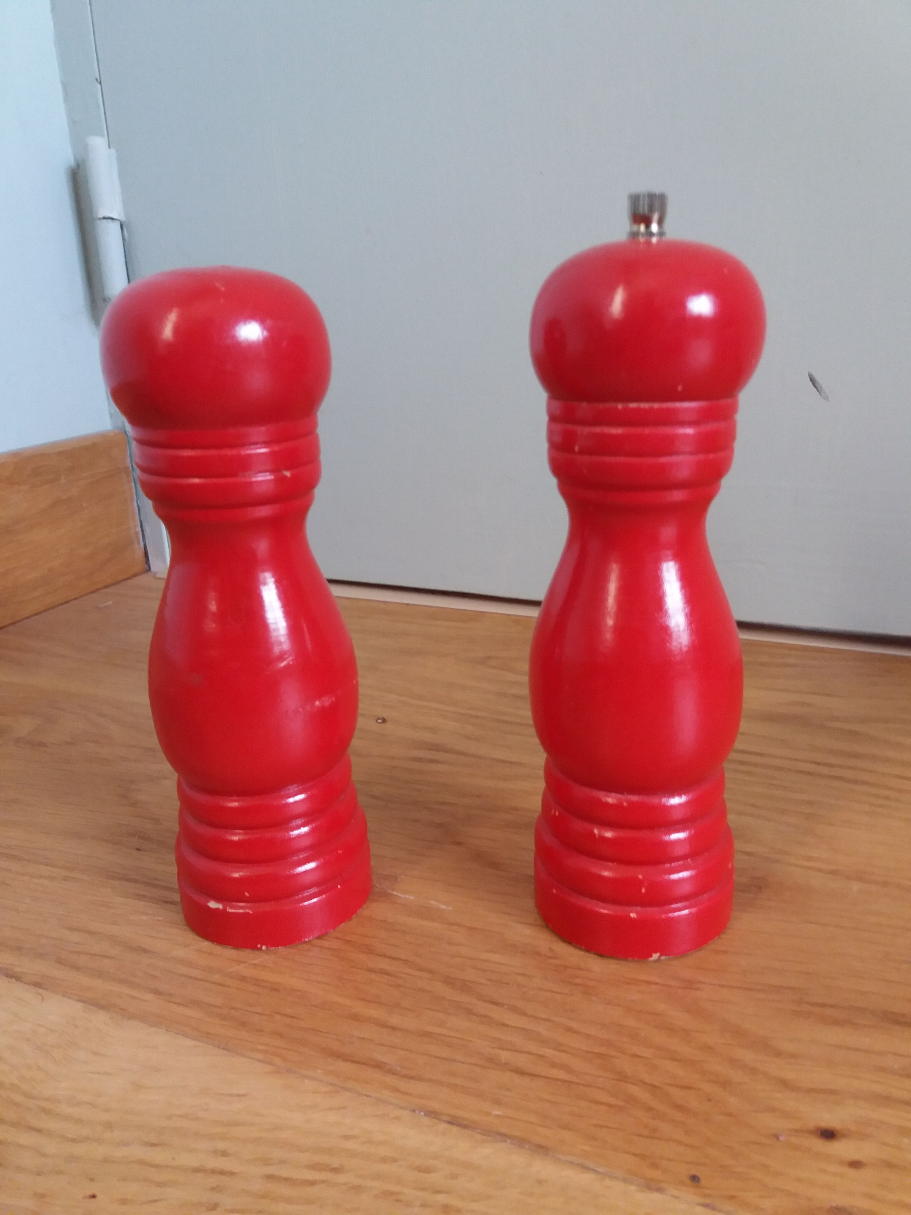 Pepper mill and turned wooden salt shaker