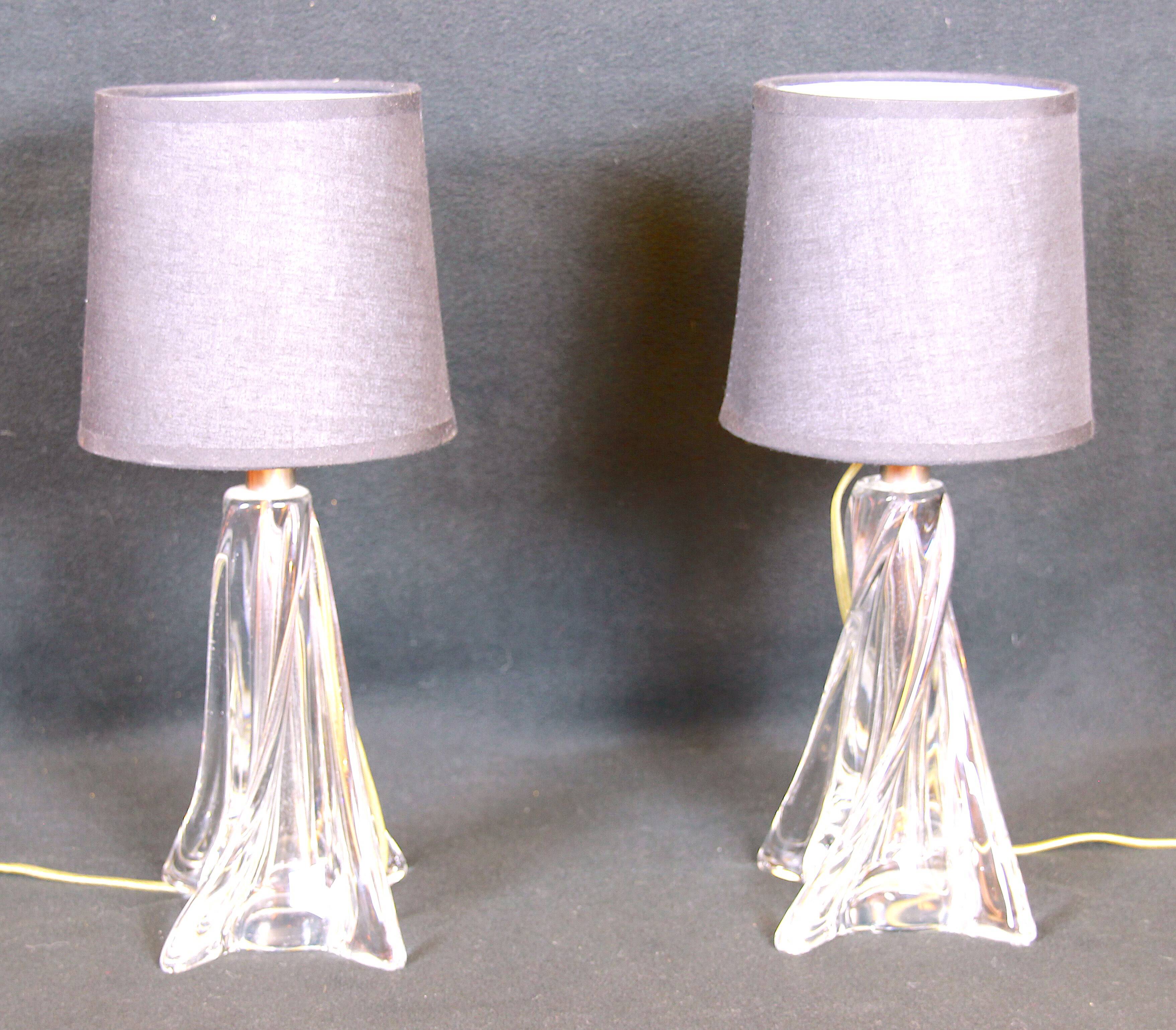 Twisted crystal glass bedside lamps, mid-century France - a pair