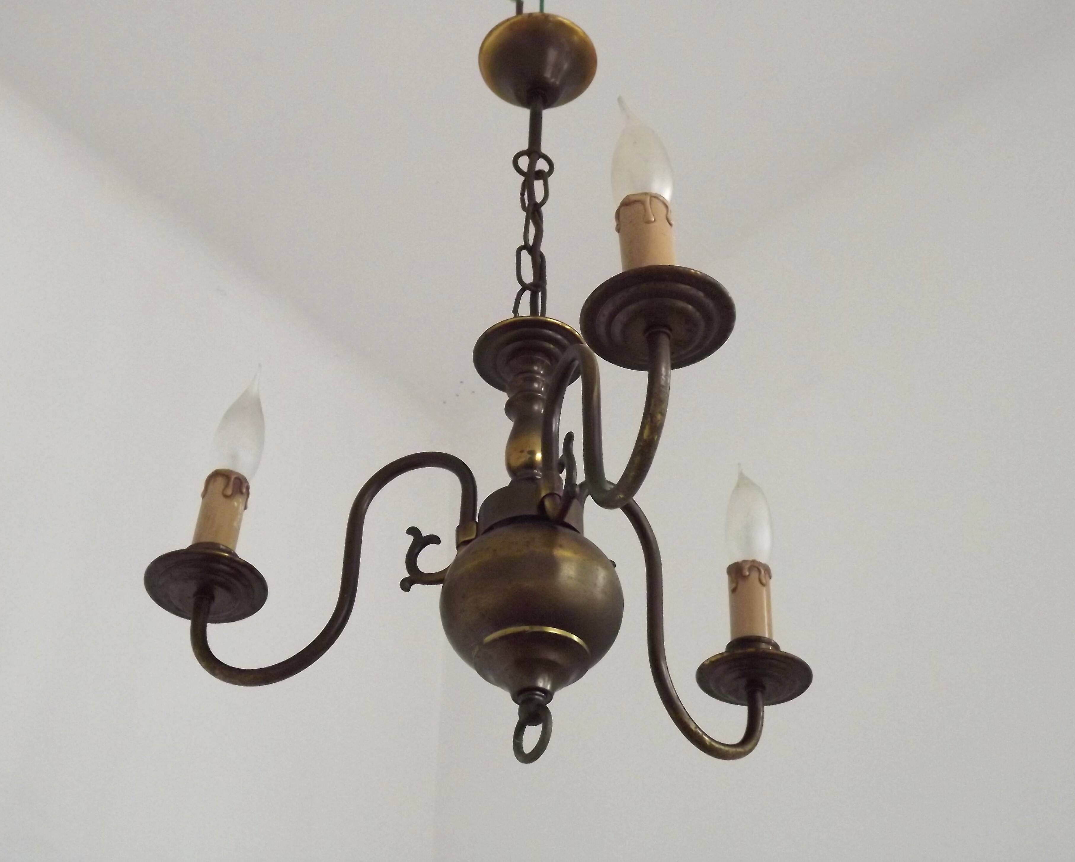 French Vintage Old Aged Bronzed Metal 3 Light Flemish Style Chandelier 4804