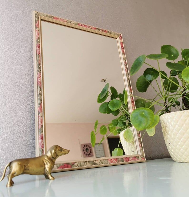 Vintage floral wooden mirror 80s 34x49cm