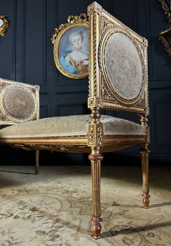 Importante Banquette D’époque Napoléon III En Bois Doré Et Sculpté De Style Louis XVI - XIXe