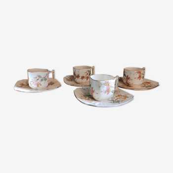 French antique set of 4 cups and saucers, handmade