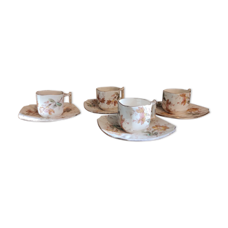 French antique set of 4 cups and saucers, handmade