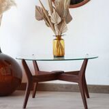 Round coffee table - glass top and teak base