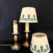Pair of brass lamps, new 2M fabric cables, paper lampshades
