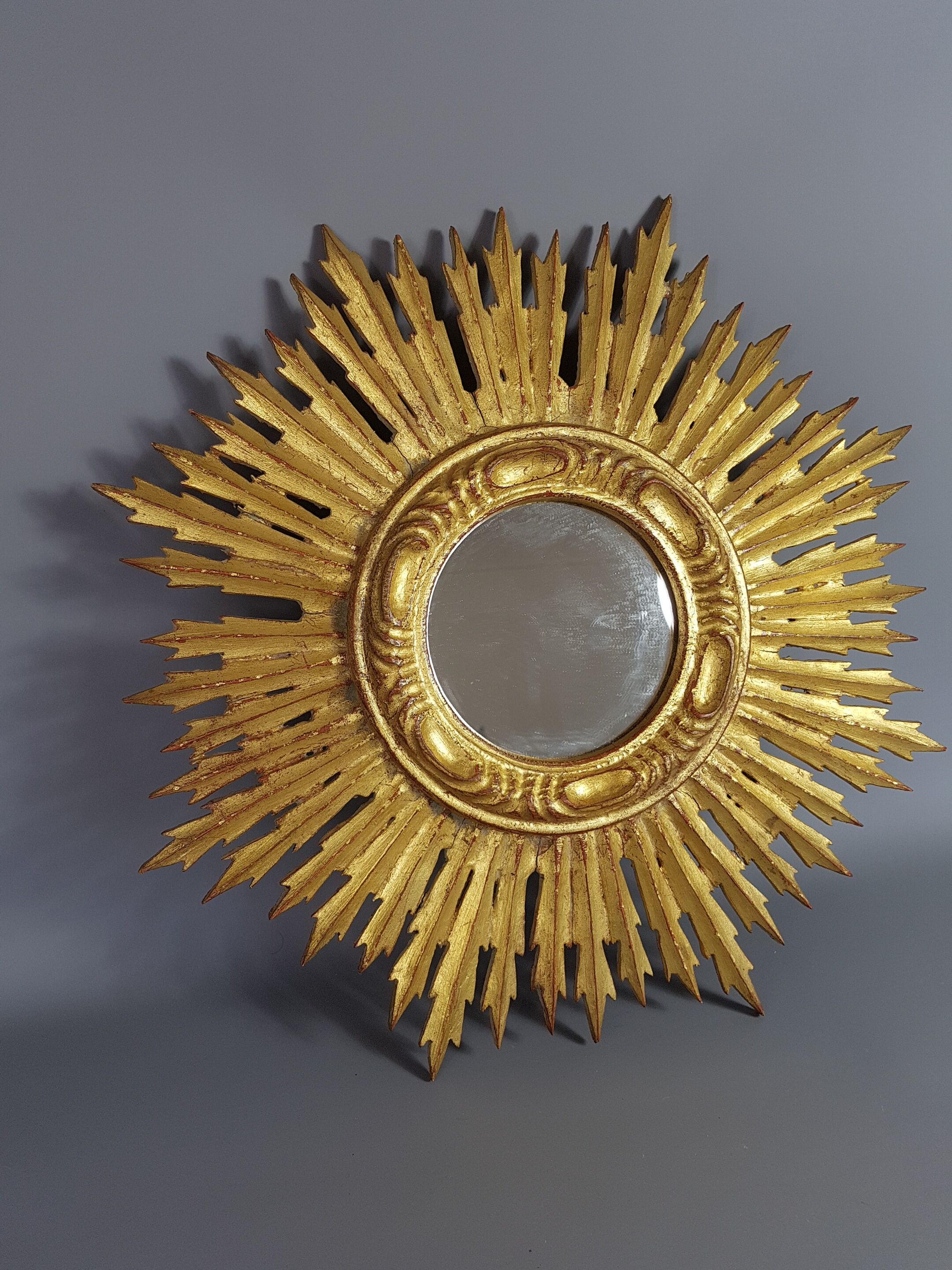 Sun mirror gilded with gold leaf Vintage 50s 42cm