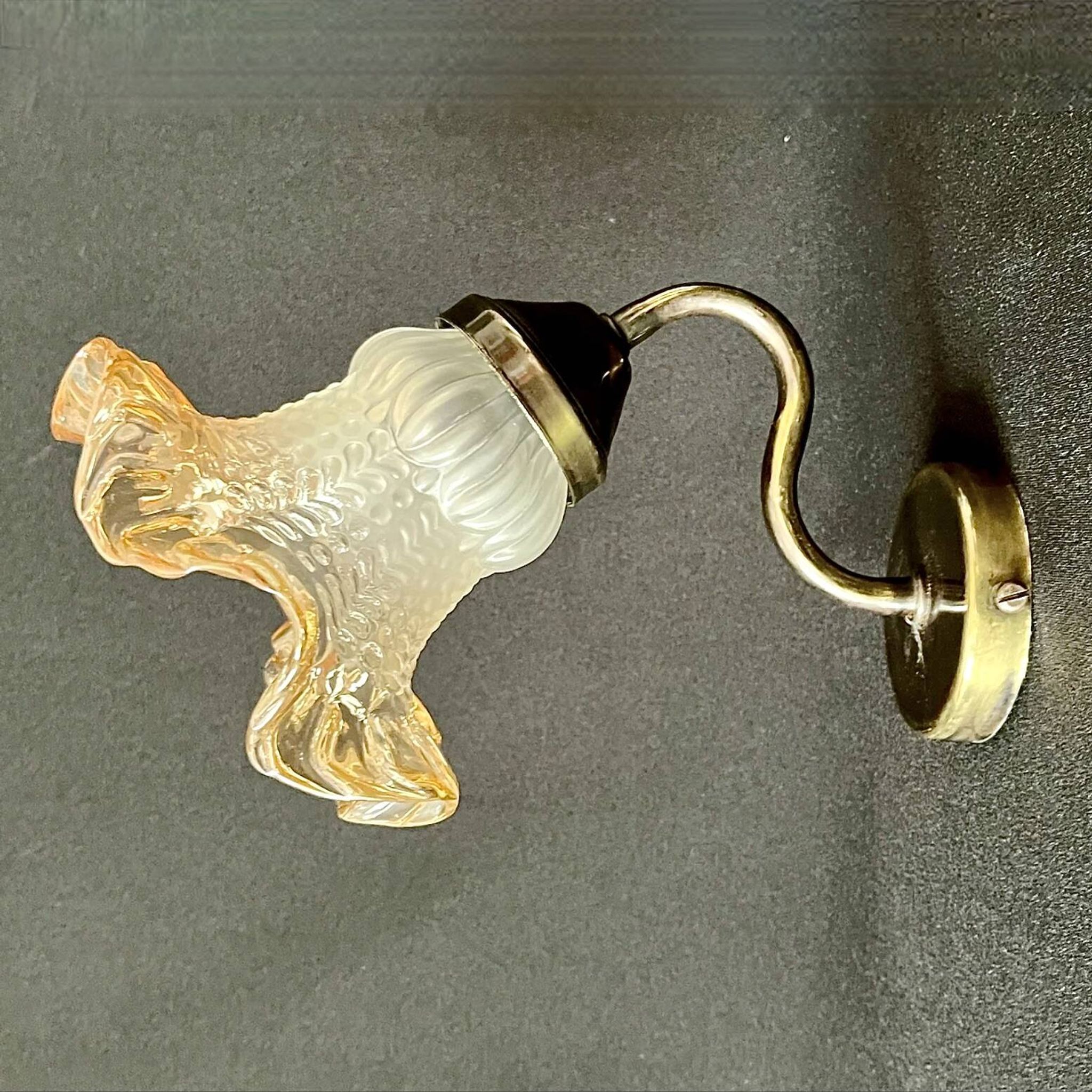 Vintage brass swan neck wall light with opaline tulip flower