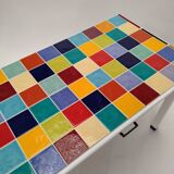 Vintage table rectangular multicolored tiles and white base