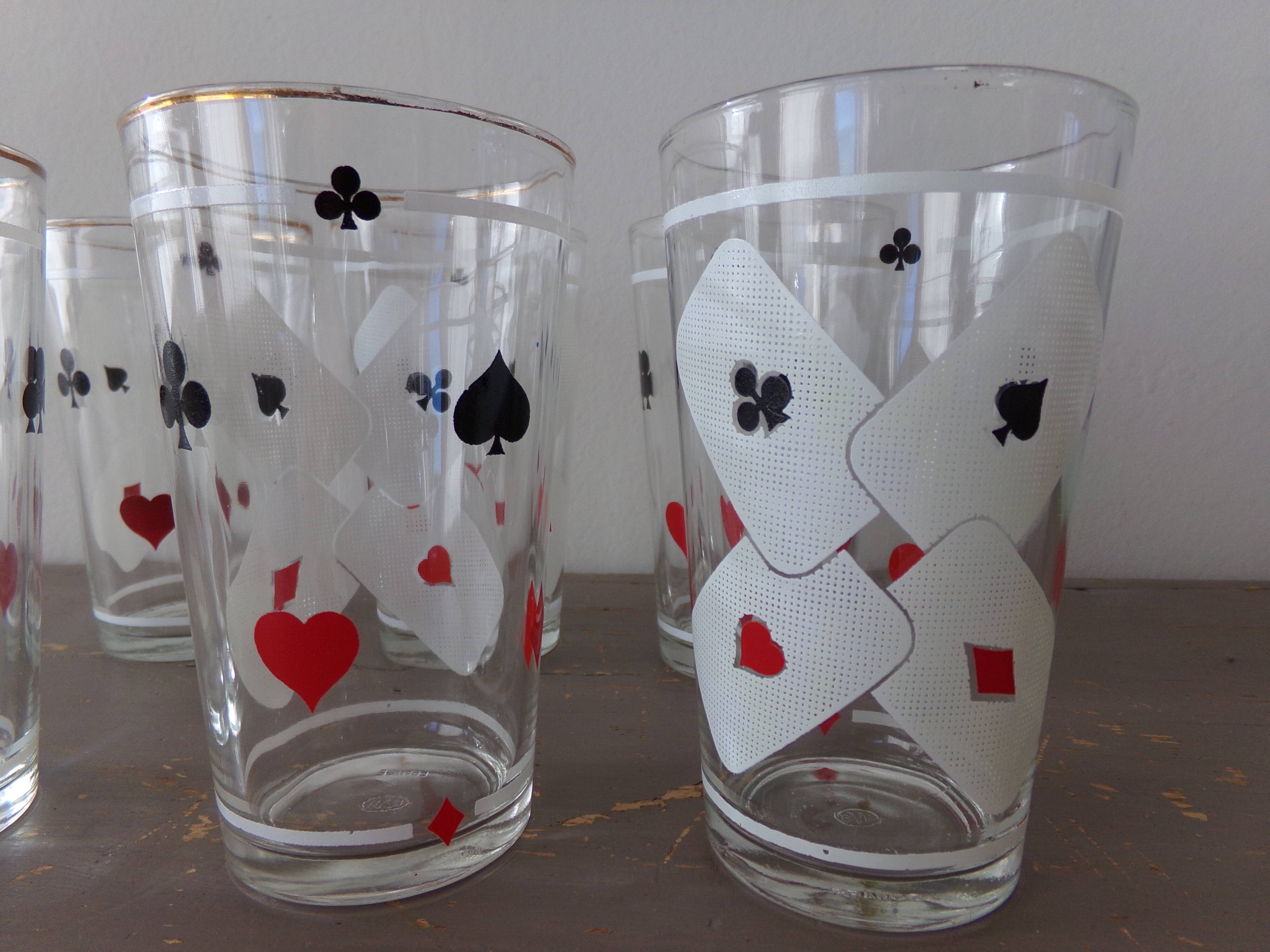 Lot of 6 glasses screen-printed vintage 60s card game