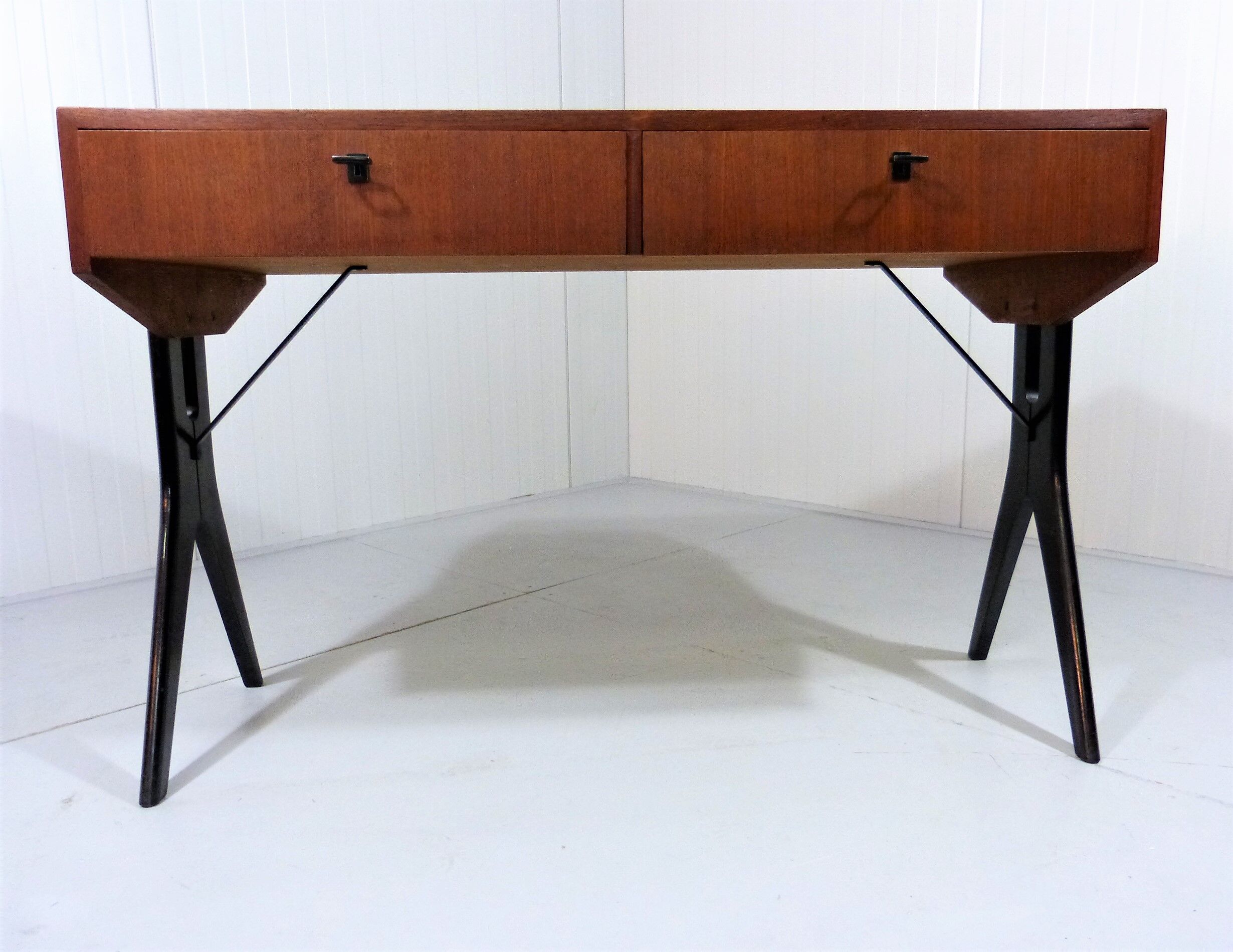 Vintage teak desk with black scissor legs 1960's
