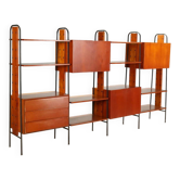 Vintage teak library with metal uprights, doors and drawers, Italian design from the 1960s.