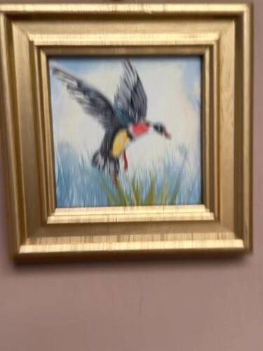 Mid-Century Oil on Panel – “Birds” by Unknown, Vintage & Framed 11 × 11 cm