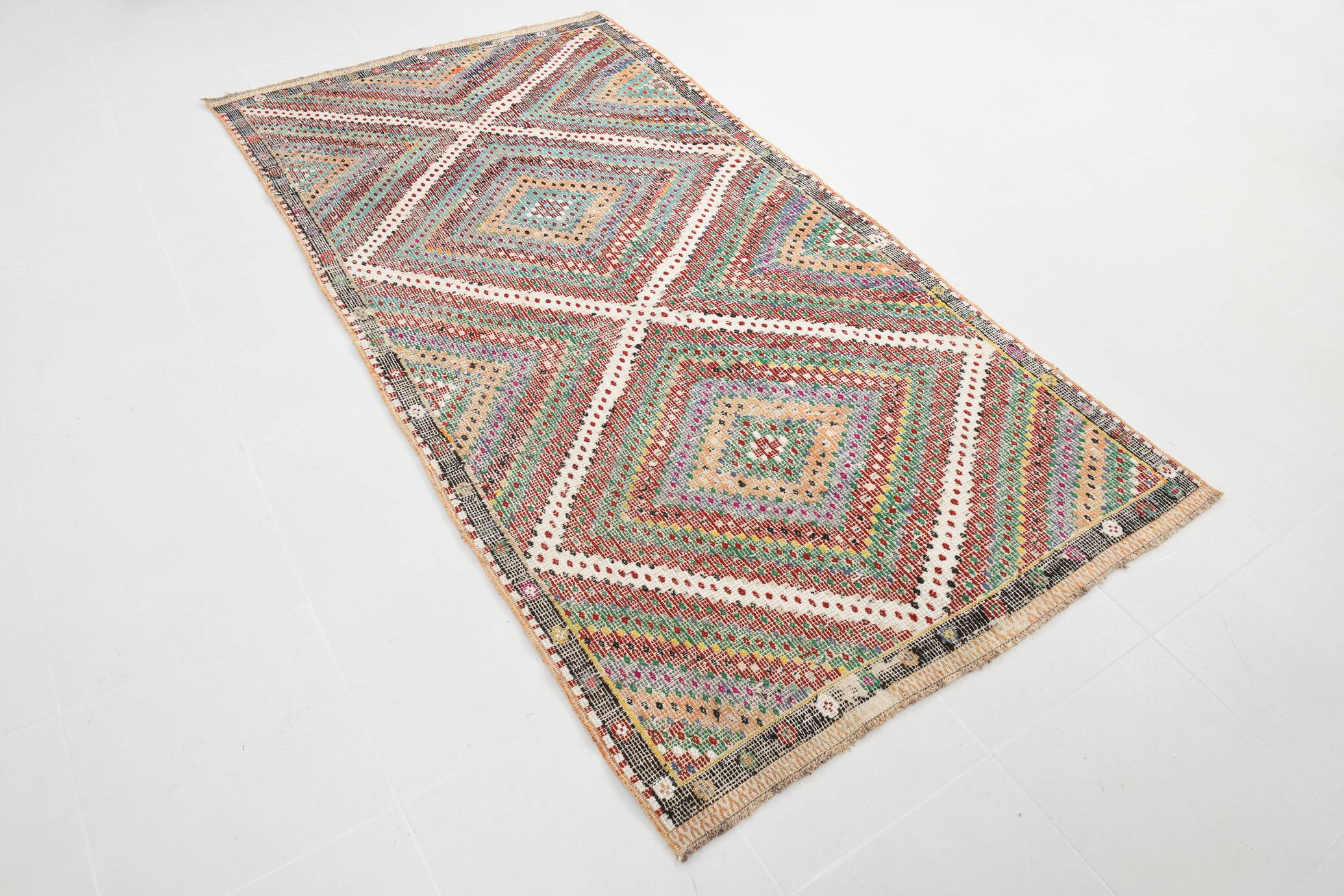 4x8 Blue & Green Oriental Kilim Rug, 133x253Cm