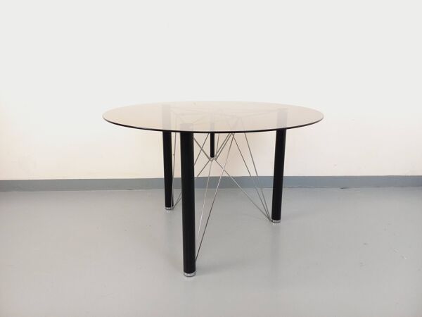 Table à manger ronde vintage en verre fumé, métal noir et métal chromé