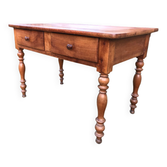 Table bureau ancienne en cerisier de style Louis Philippe à 2 tiroirs et 1 tirette.