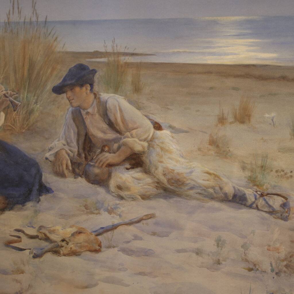 Italian painting watercolor seascape from the 20th century