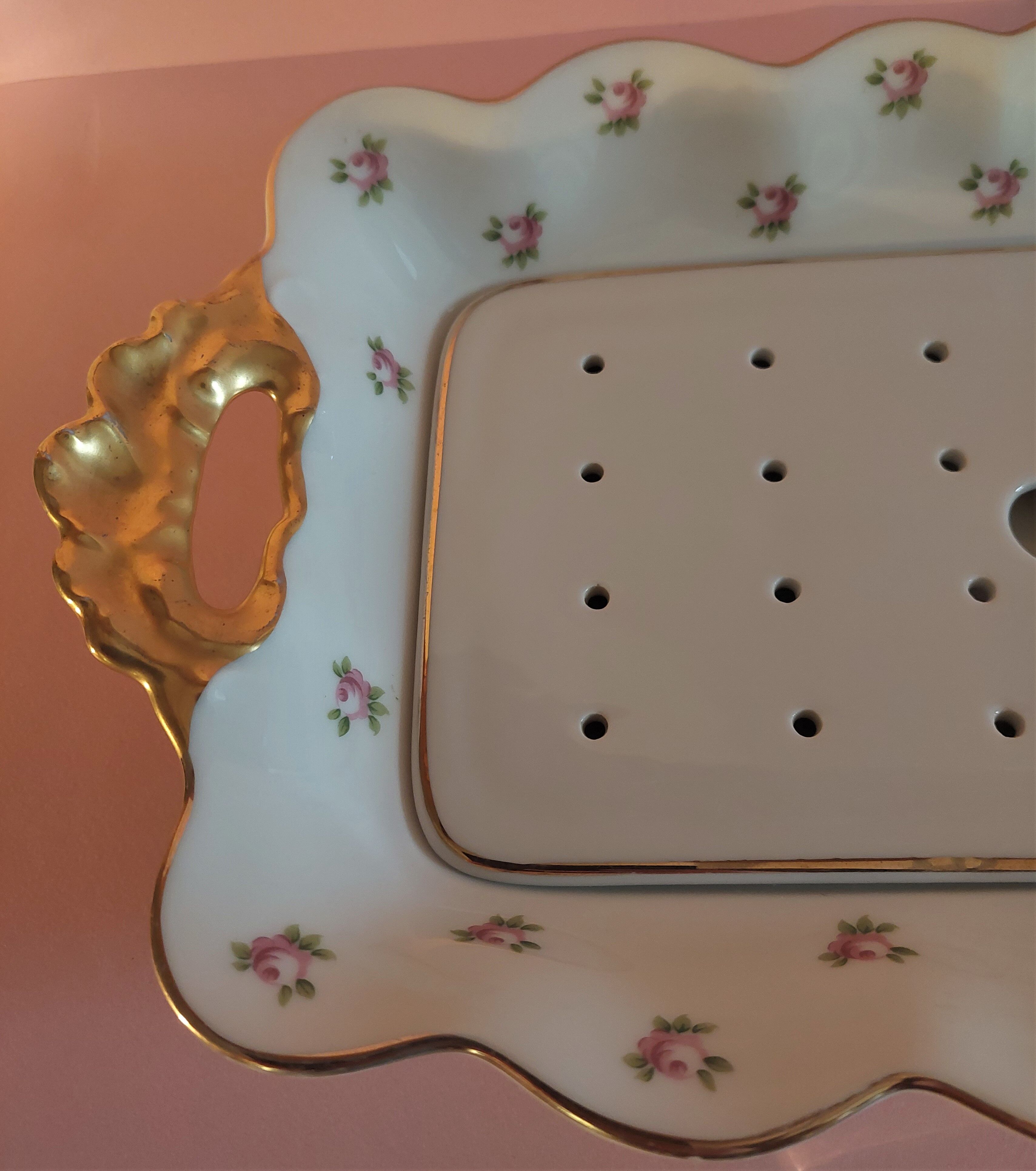 Asparagus dish and limoges porcelain drainer UC Limoges rose seedlings