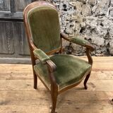 Antique Voltaire armchair in wood and green velvet Louis Philippe