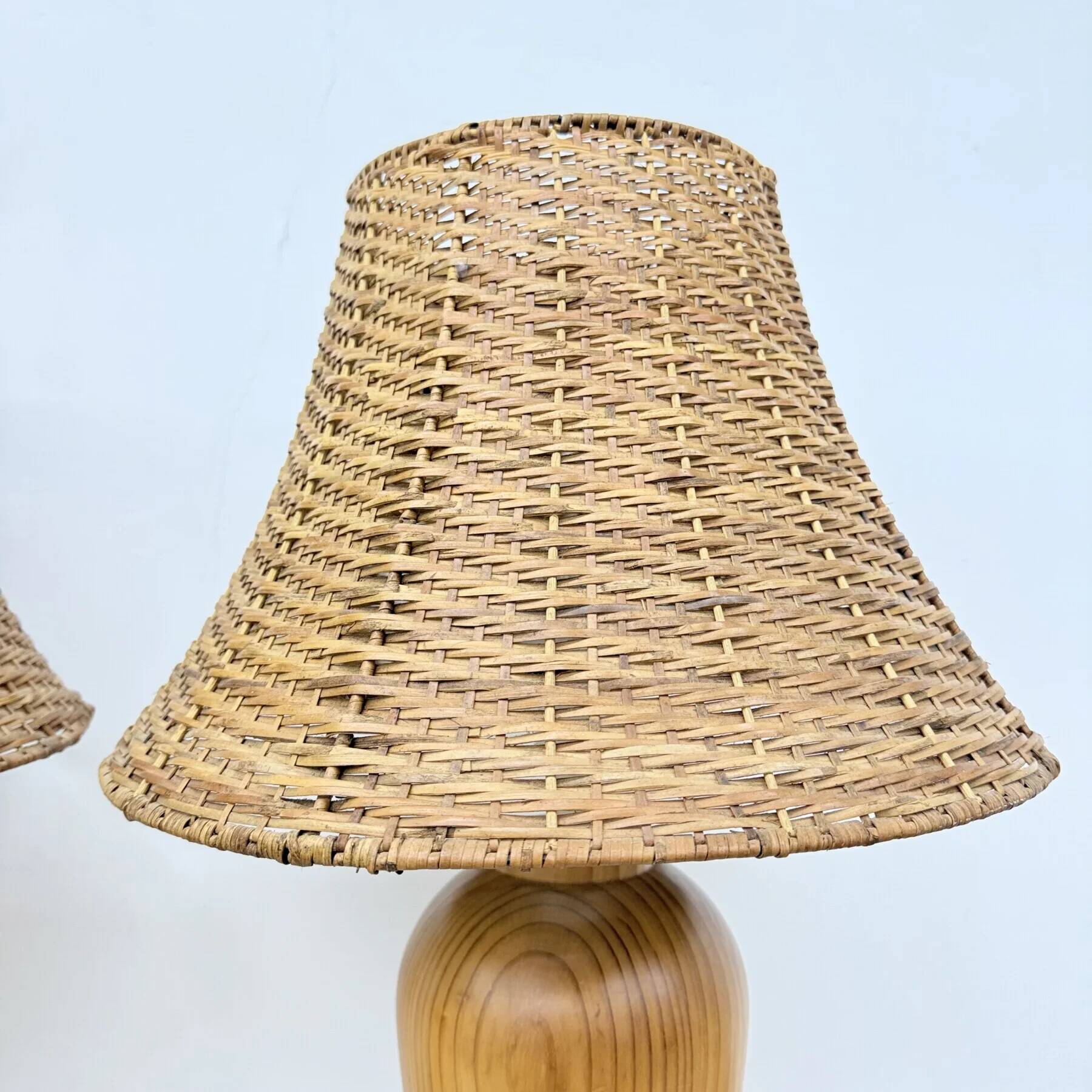Vintage Ikea solid wooden table lamps with rattan shade, 1980s