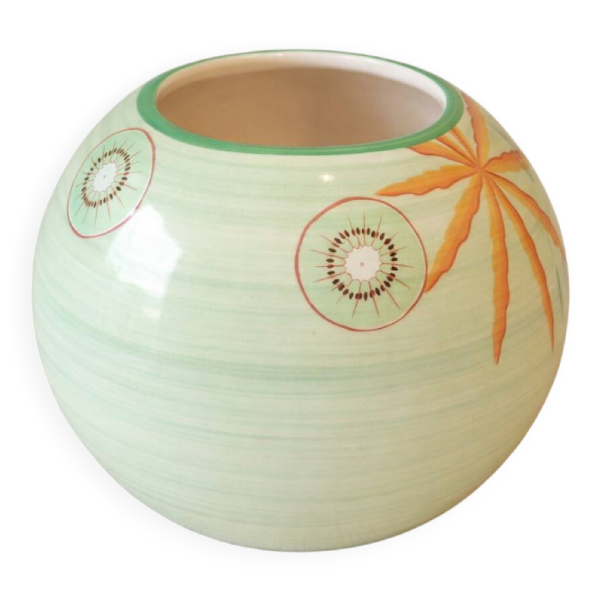 Lunéville France round vase – kiwi & leaf decoration – soft green vintage