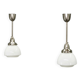 Pair of 1930s Czech Art Deco Opaline Glass and Chrome Pendant Lights