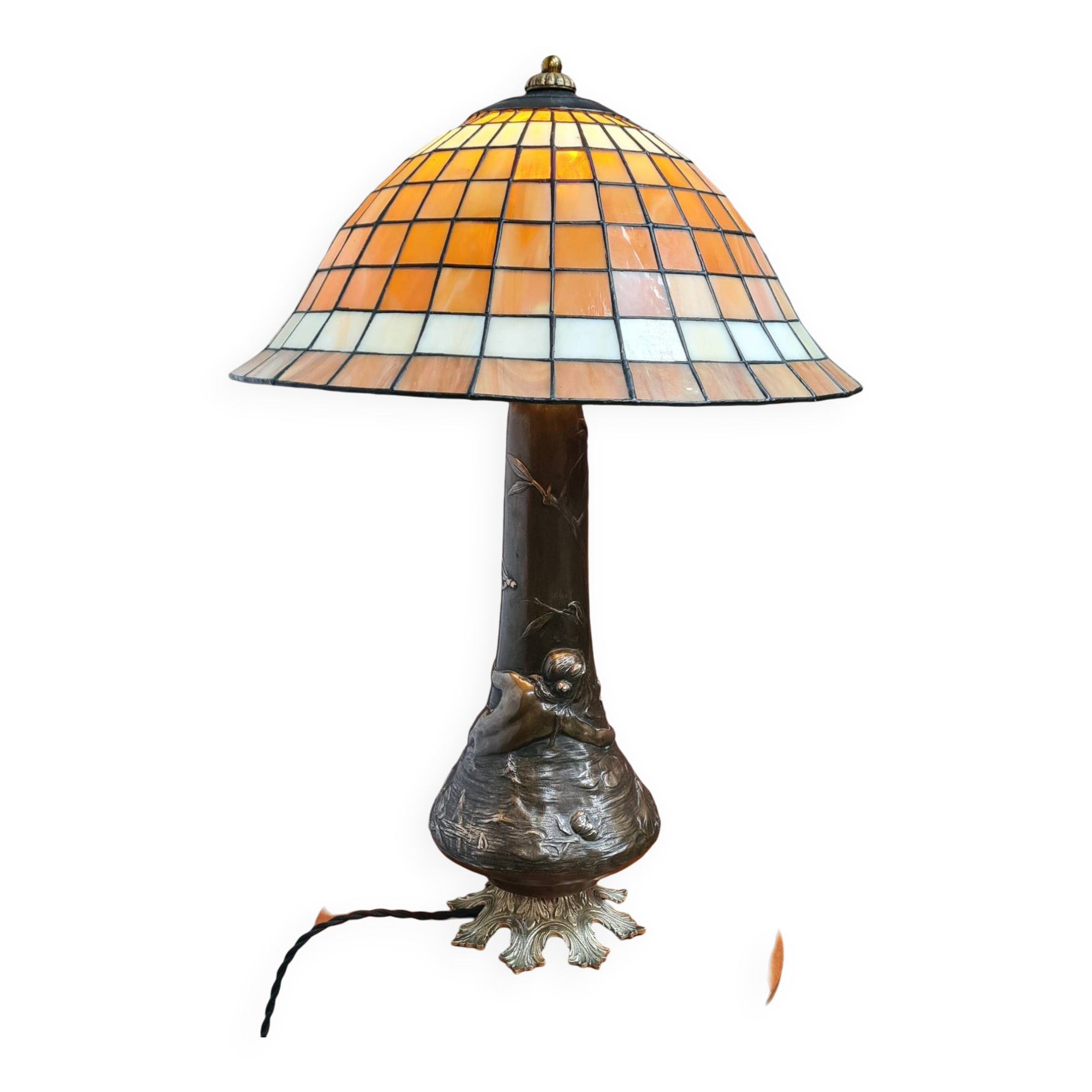Large bronze lamp nynph in the bath 63x38 superb tiffany style lampshade