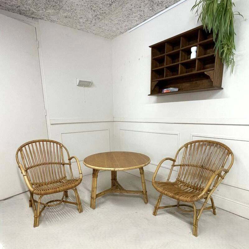 Audoux-Minnet rattan lounge set, 2 armchairs and table 1950-1960