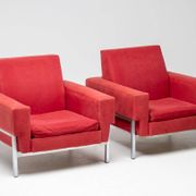 Red Kiushu armchairs by Saporiti characteristic of mid-20th century Italian modern design.