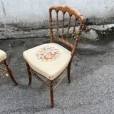 Pair of antique turned wooden chairs, embroidered upholstered seats