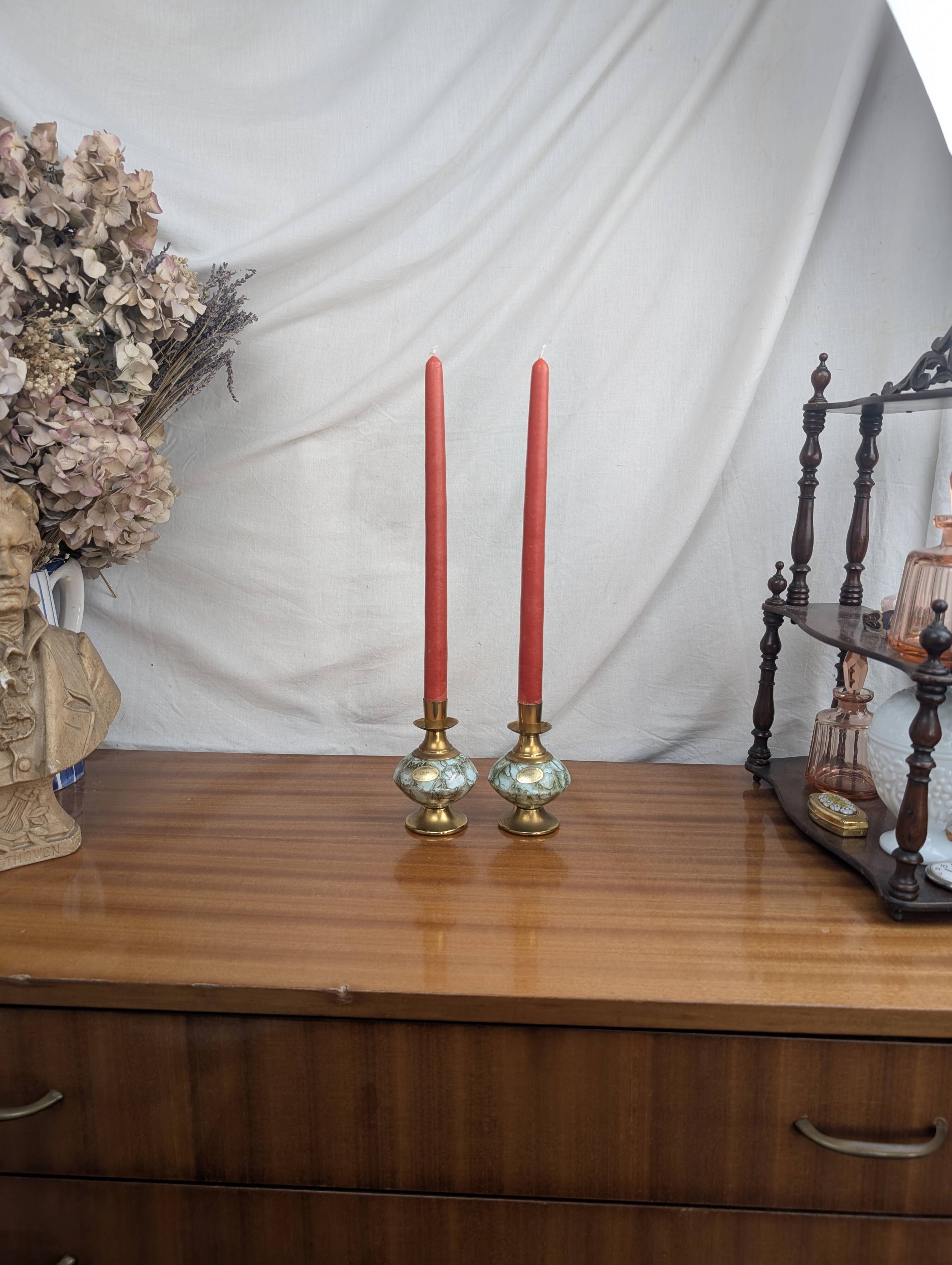 Pair of Art Deco Style Hand Painted Delft Ceramic Candlesticks