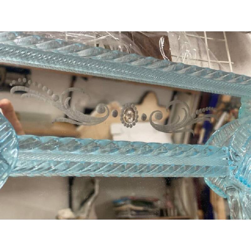 Venetian rectangular light-blue floreal hand-carving mirror in murano glass style