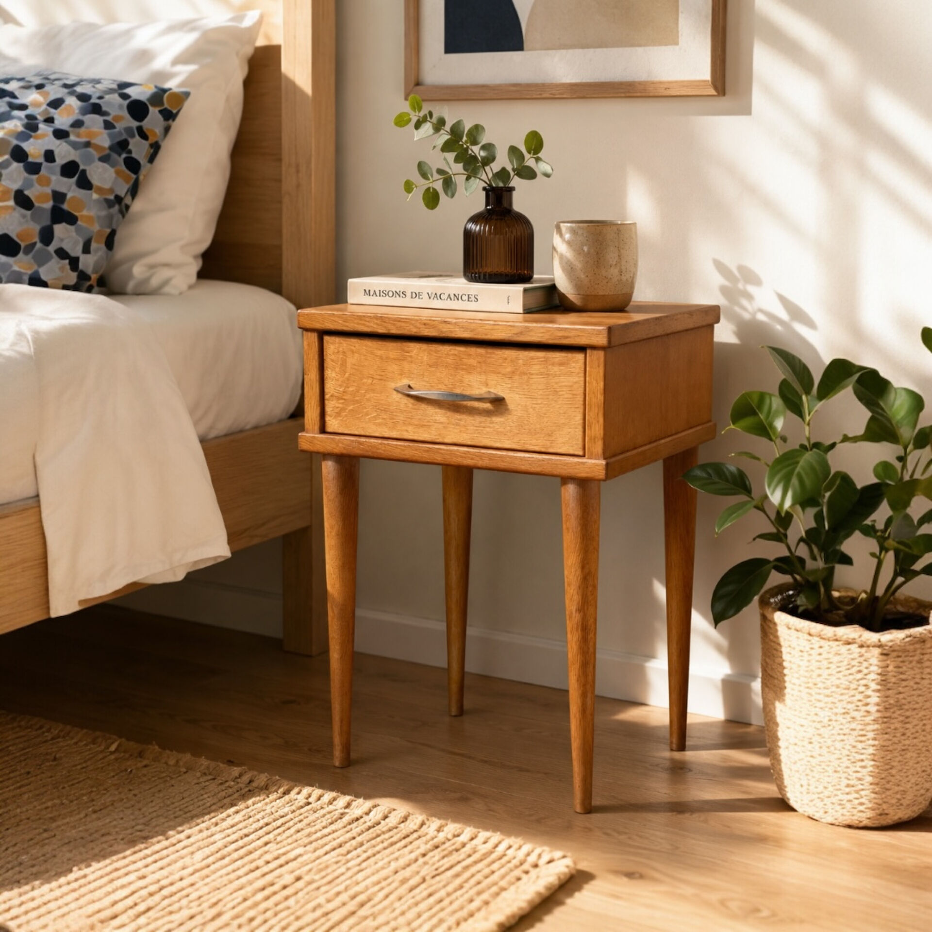 Vintage bedside table, solid oak, 1950s.