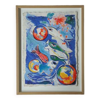 Lithographie couleur, encadré, Composition avec poissons et visages, Dagmar Glemme