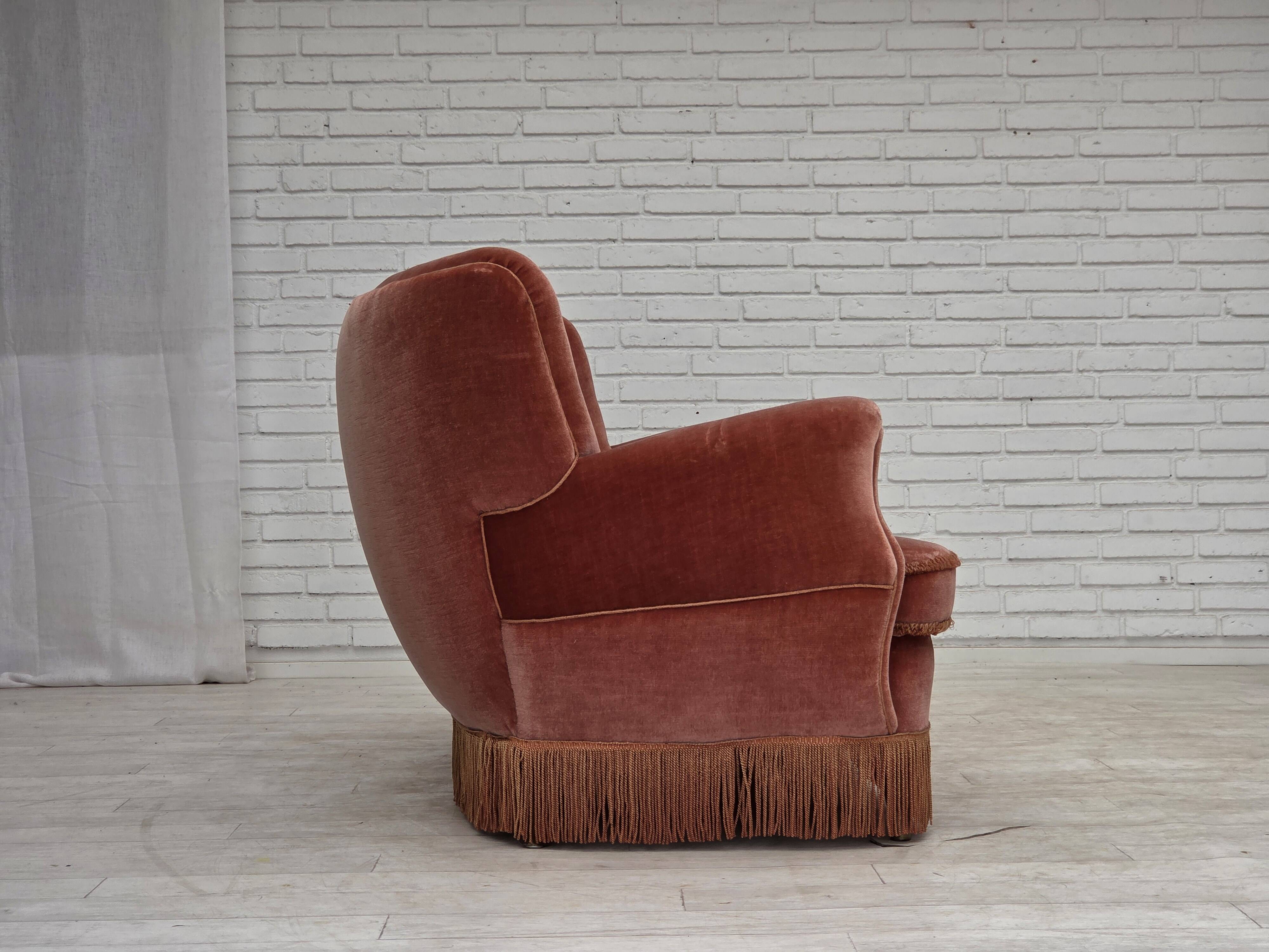1970s, 3-seater Danish curved sofa, pink furniture velour.