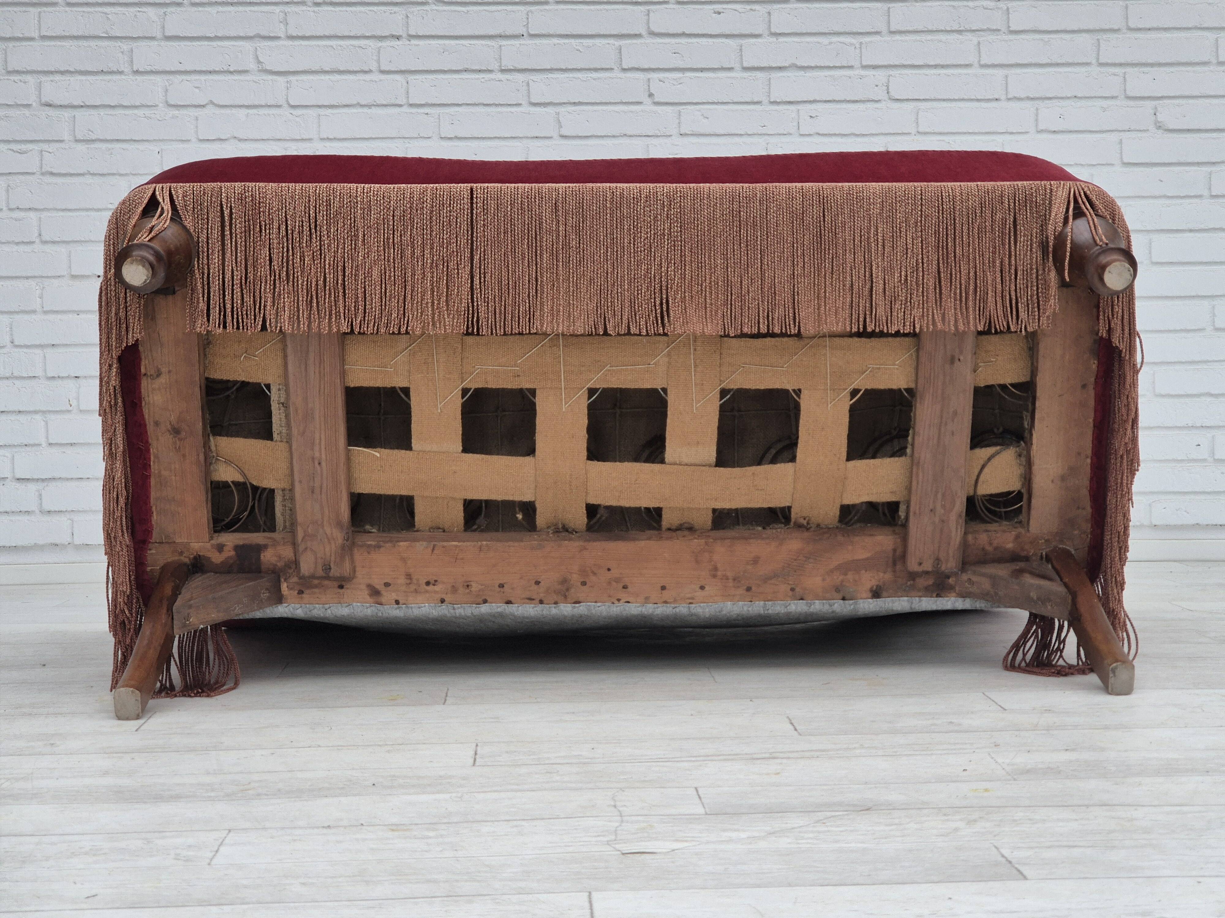 1950s, Danish 2-seater sofa, cherry-red furniture velour, ash wood.
