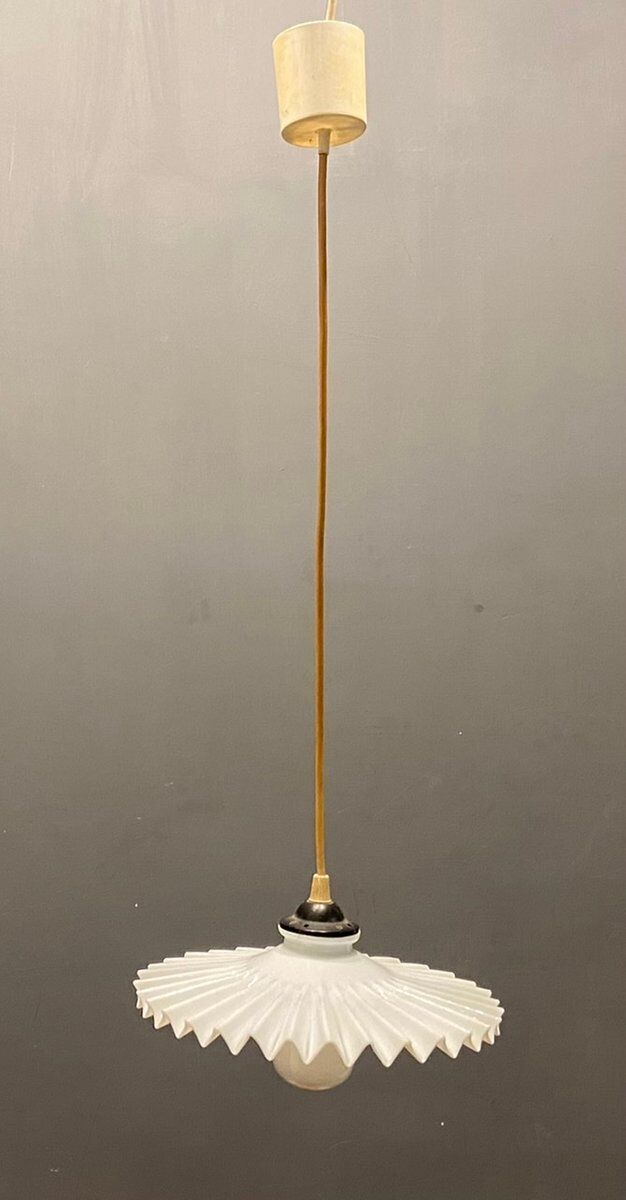 Opaline pleated glass light pendants, set of 2