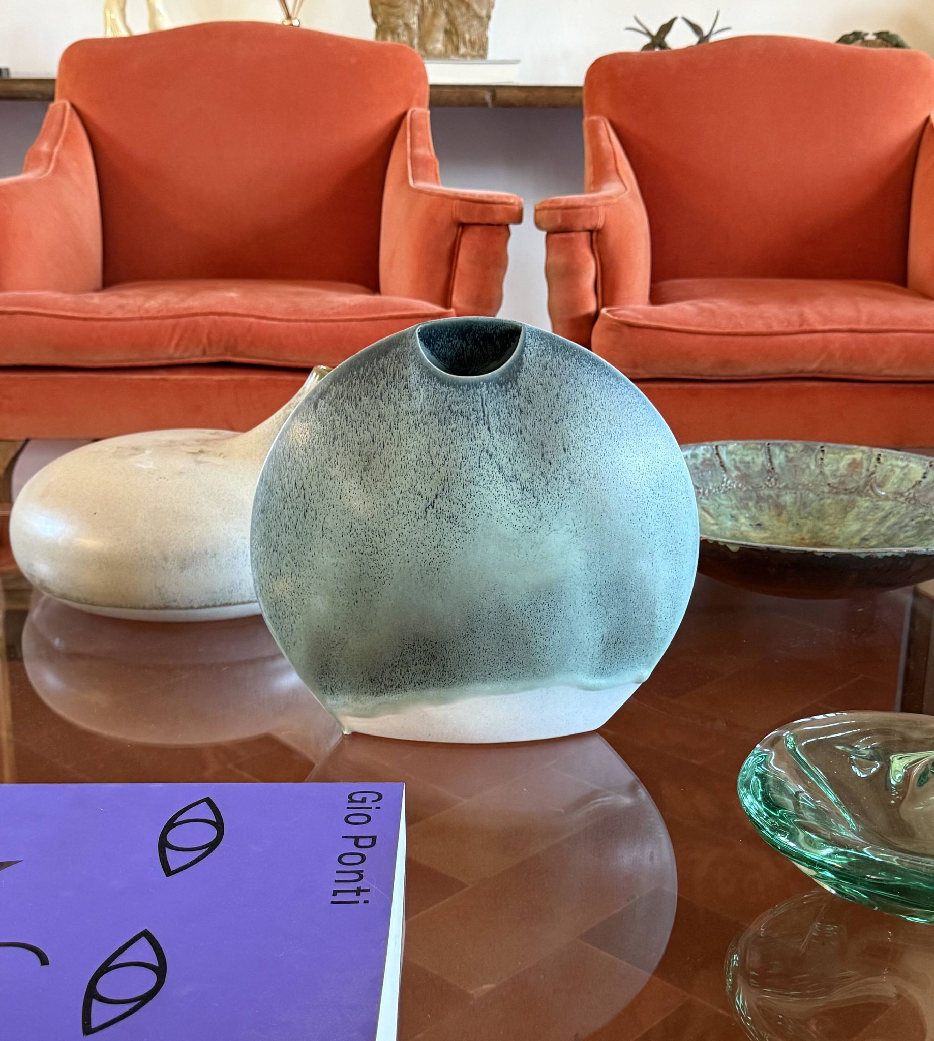 Mid-century modern blue ceramic solifleur vase, France 1970
