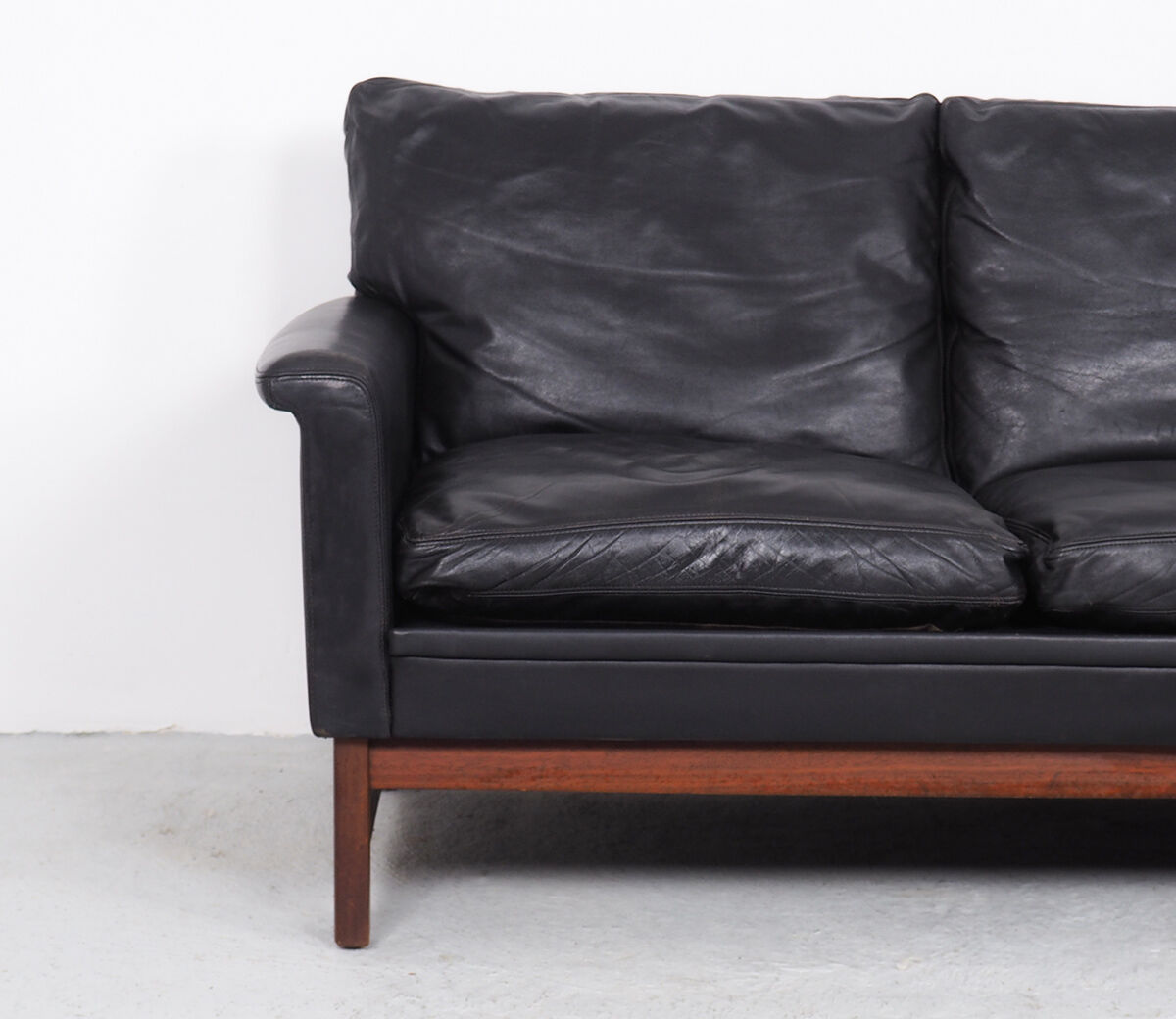 Danish design black leather and teak 3 seater sofa, 1960s