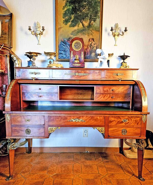 Bureau Cylindre Empire Retour d'Egypte Acajou Et Bronze Doré