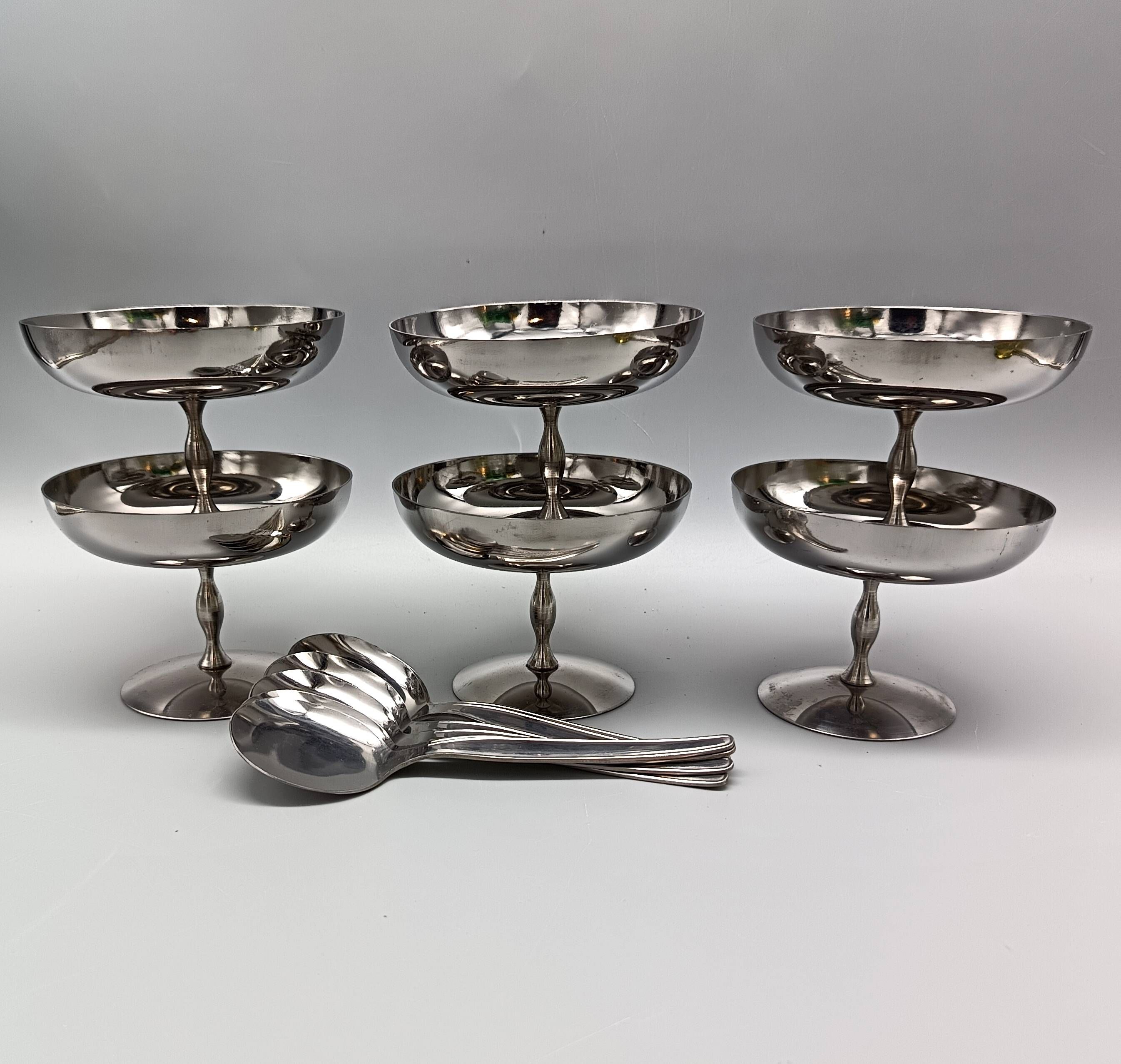 6 stainless steel ice cream cups and spoons, French, stainless steel bowl
