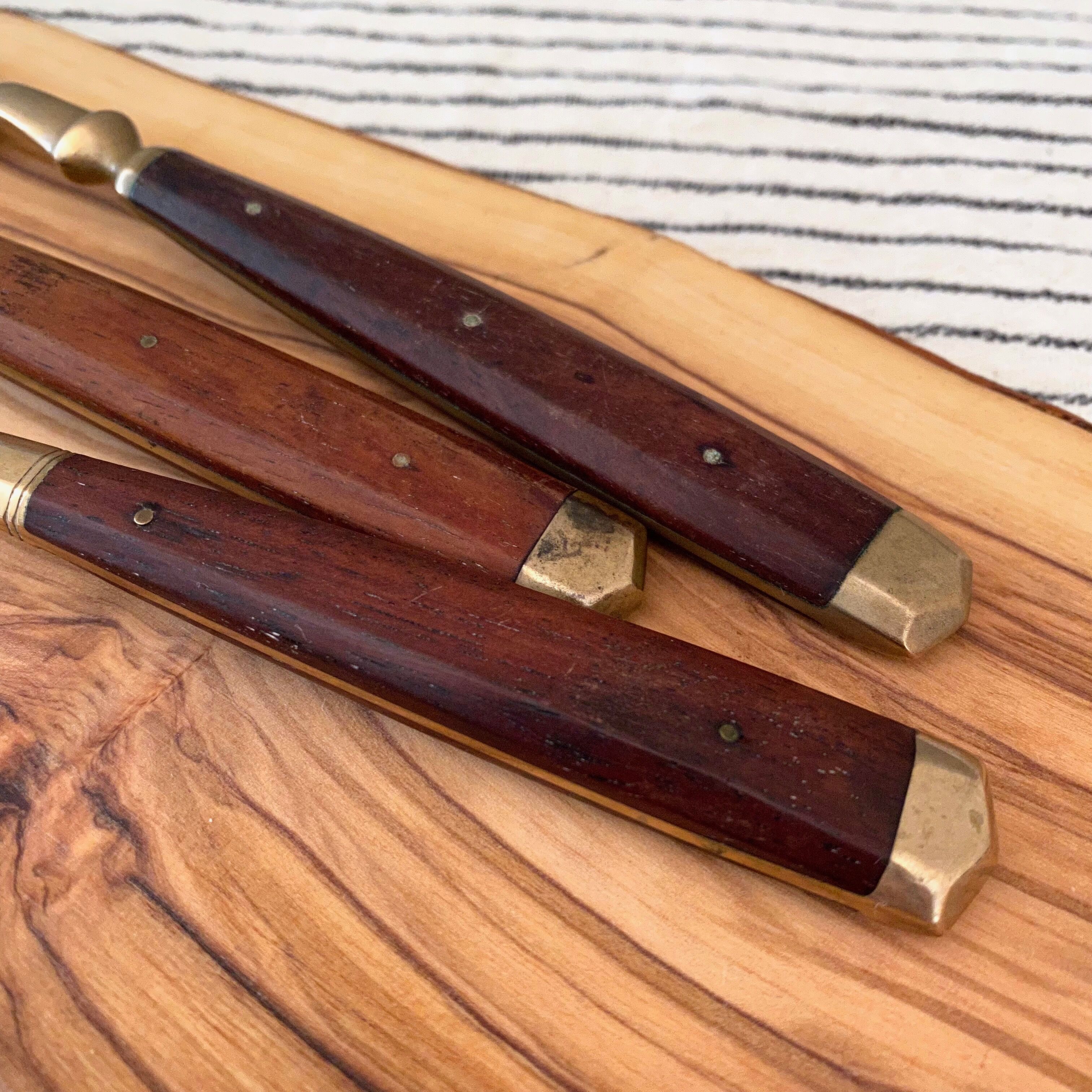 French Vintage Serving Set, Spoon and Fork, Wood Brass, Mid Century Cutlery